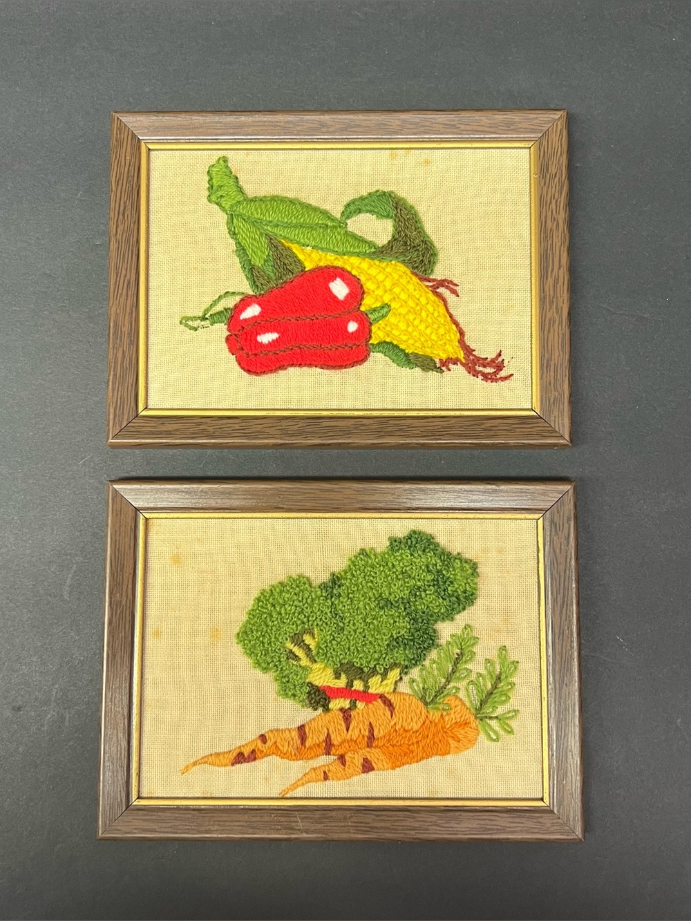 Crewel Embroidery Vintage Mixed Vegetables Framed Wall Art 1970s